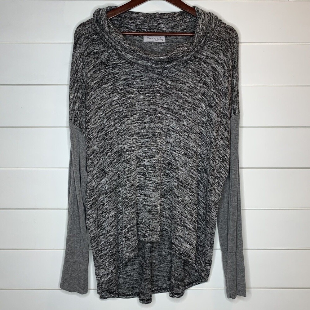 Pink Lily XL Sweater Top Hi Low Hem Gray Black Heather Cowl Neck MADE IN USA - Picture 2 of 8